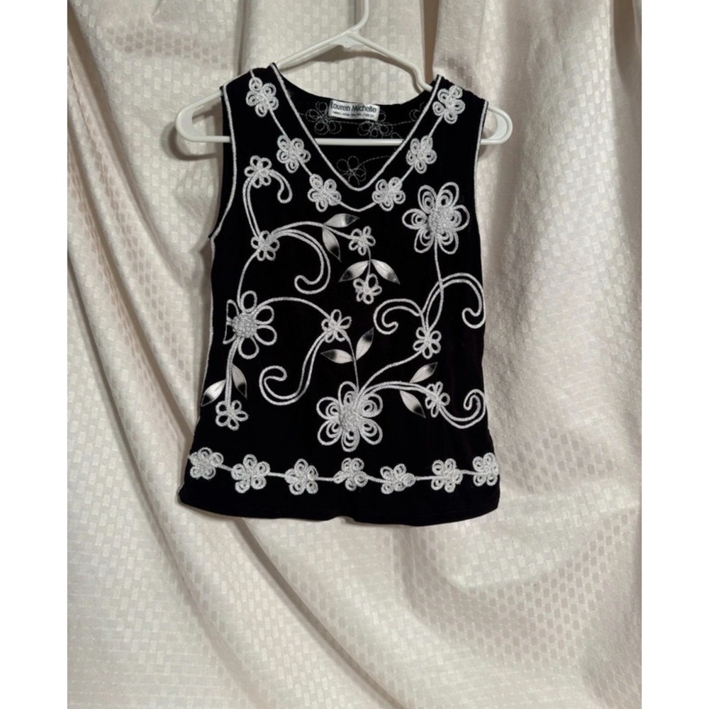 Lauren Michelle Black Floral Embroidered Blouse‎ Size Small Excellent Condition